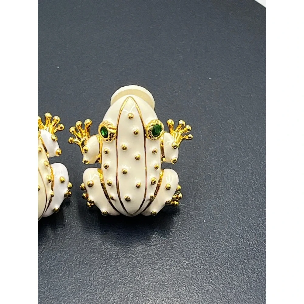 Real Collectibles by Adrienne Arpel Cream Enamel Frog Clip-On Earrings Gold Tone